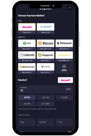 Deposit methods selection at Rollxo Casino