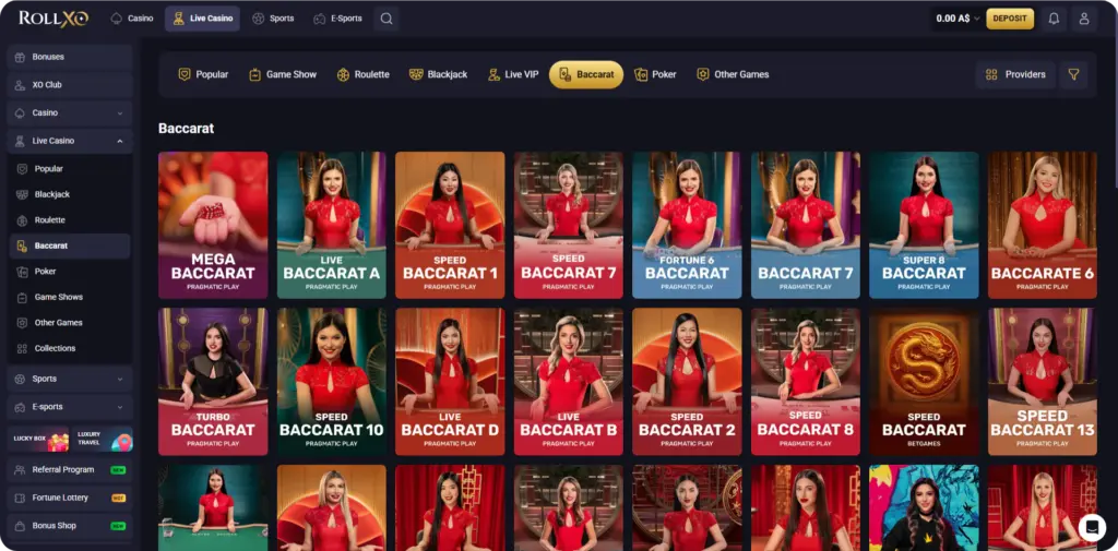 Baccarat tables at Rollxo Casino online