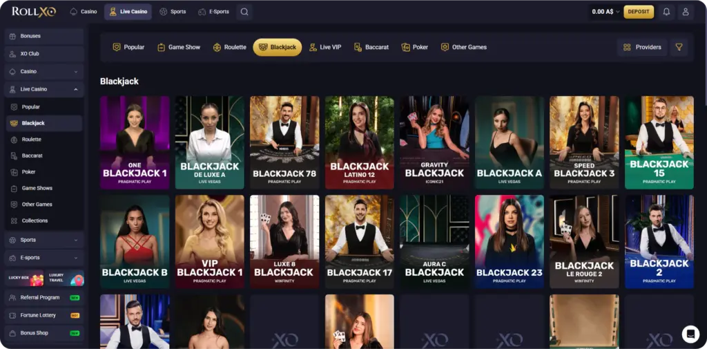Blackjack tables selection at Rollxo Casino