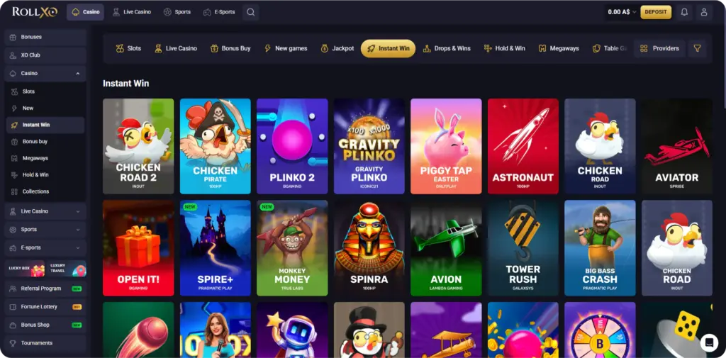 Instant Win games section at Rollxo