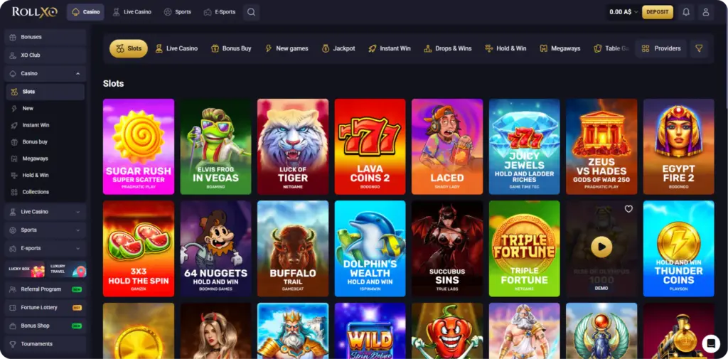 Popular slot games selection at Roll Xo Casino