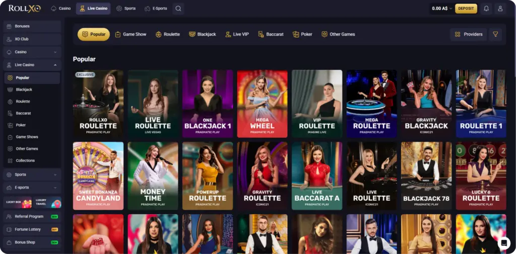 Table games lobby at Roll Xo Casino